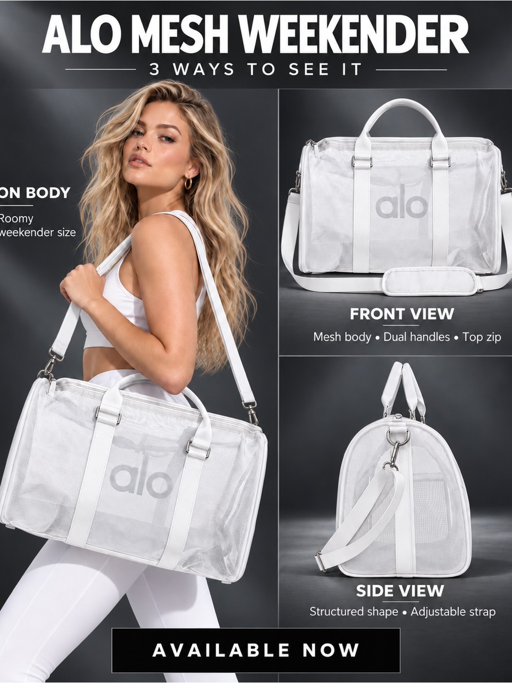 ALO Yoga White Mesh Weekender Travel Bag